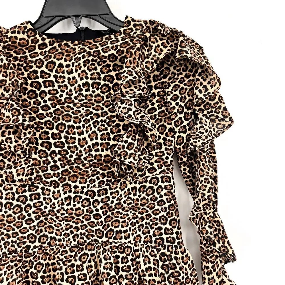 BARDOT Girl's Whit Ra Ra Dress Size 10 MEDIUM Leopard Ruffle Long Sleeve NWT
